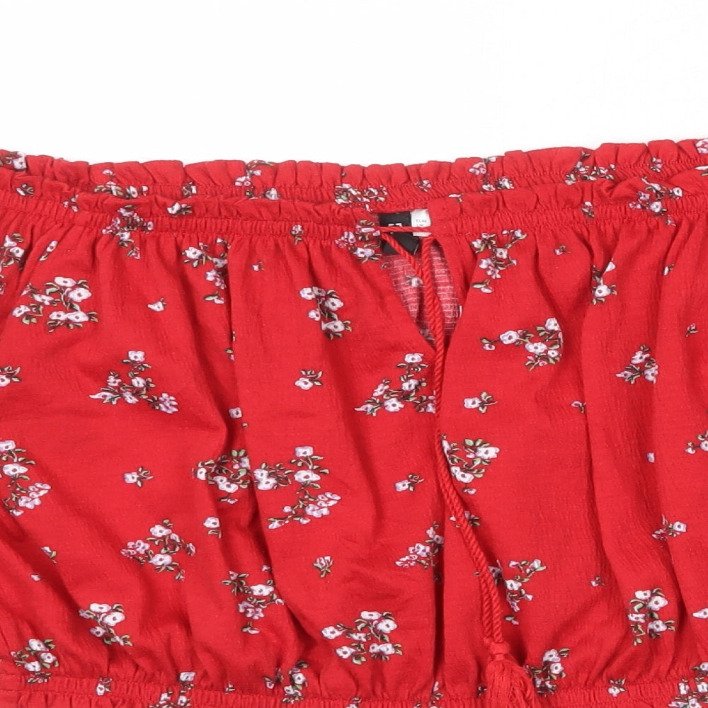 Divided by H&M Womens Red Floral Polyester Cropped Blouse Size L Off the Shoulder