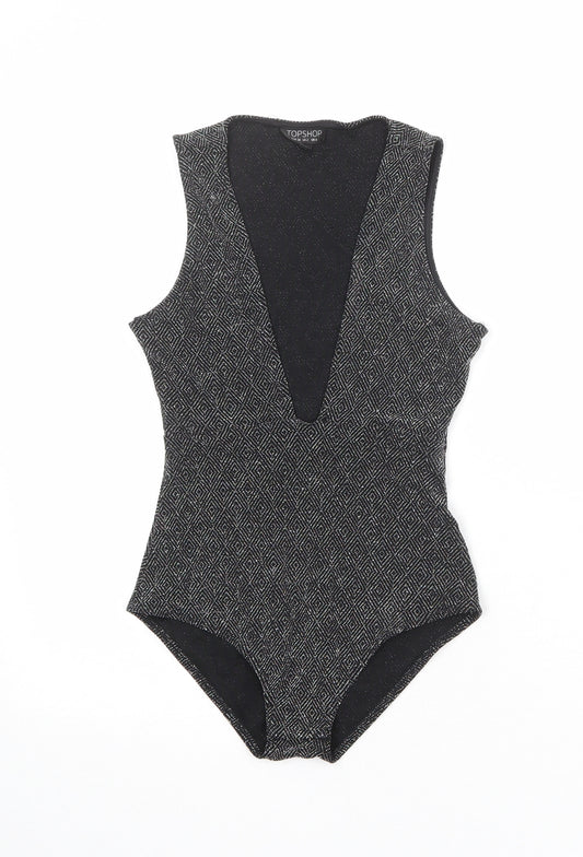 Topshop Womens Black Geometric Nylon Bodysuit One-Piece Size 6 Snap - Plunge Neckline