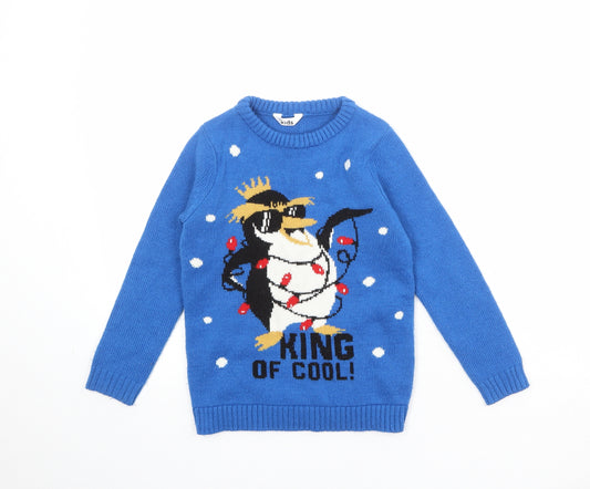 M&Co Boys Blue Round Neck Acrylic Pullover Jumper Size 5-6 Years Pullover - Penguin King Of Cool