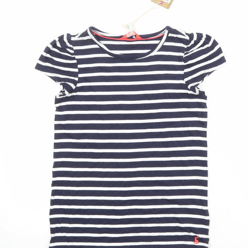 Joules Girls Blue Striped 100% Cotton Basic T-Shirt Size 9-10 Years Round Neck Pullover