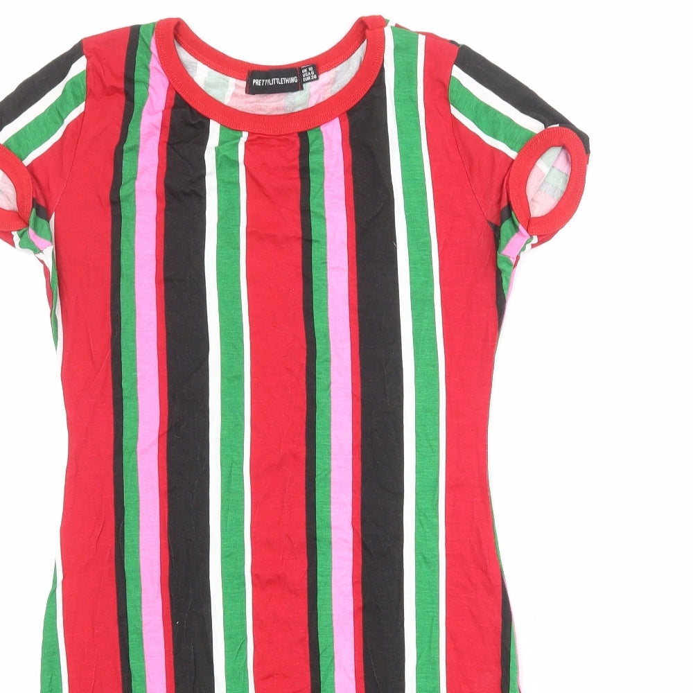 PRETTYLITTLETHING Womens Multicoloured Striped Viscose T-Shirt Dress Size 10 Round Neck Pullover
