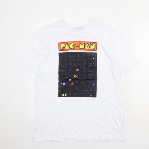 Pac-Man Womens White 100% Cotton Basic T-Shirt Size L Round Neck