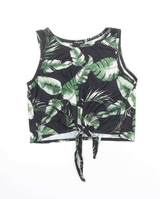 Select Womens Black Geometric Polyester Cropped Tank Size M Round Neck - Leaf Print Knot Front