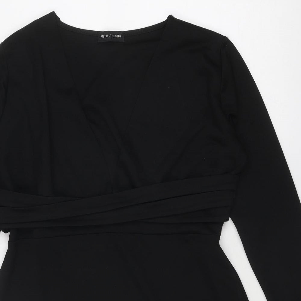 PRETTYLITTLETHING Womens Black Polyester Mini Size 16 V-Neck Pullover