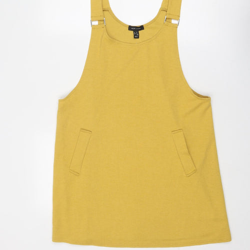 New Look Womens Yellow Polyester Pinafore/Dungaree Dress Size 16 Round Neck Pullover