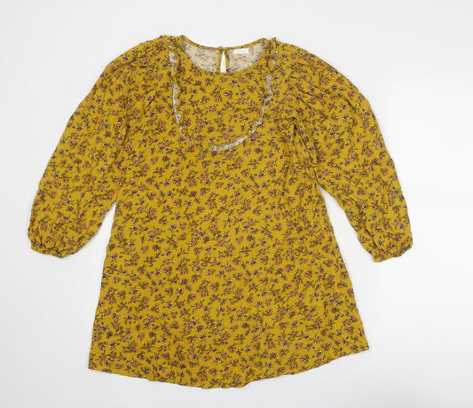 NEXT Girls Yellow Floral Viscose A-Line Size 11 Years Round Neck Button