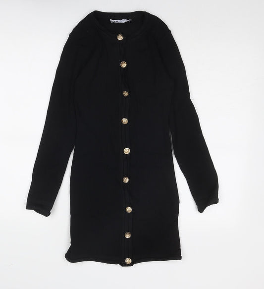 Zara Womens Black Polyester Jumper Dress Size M Round Neck Button