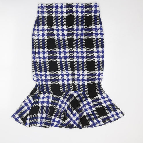 Marks and Spencer Womens Blue Plaid Polyester Trumpet Skirt Size 12 Zip
