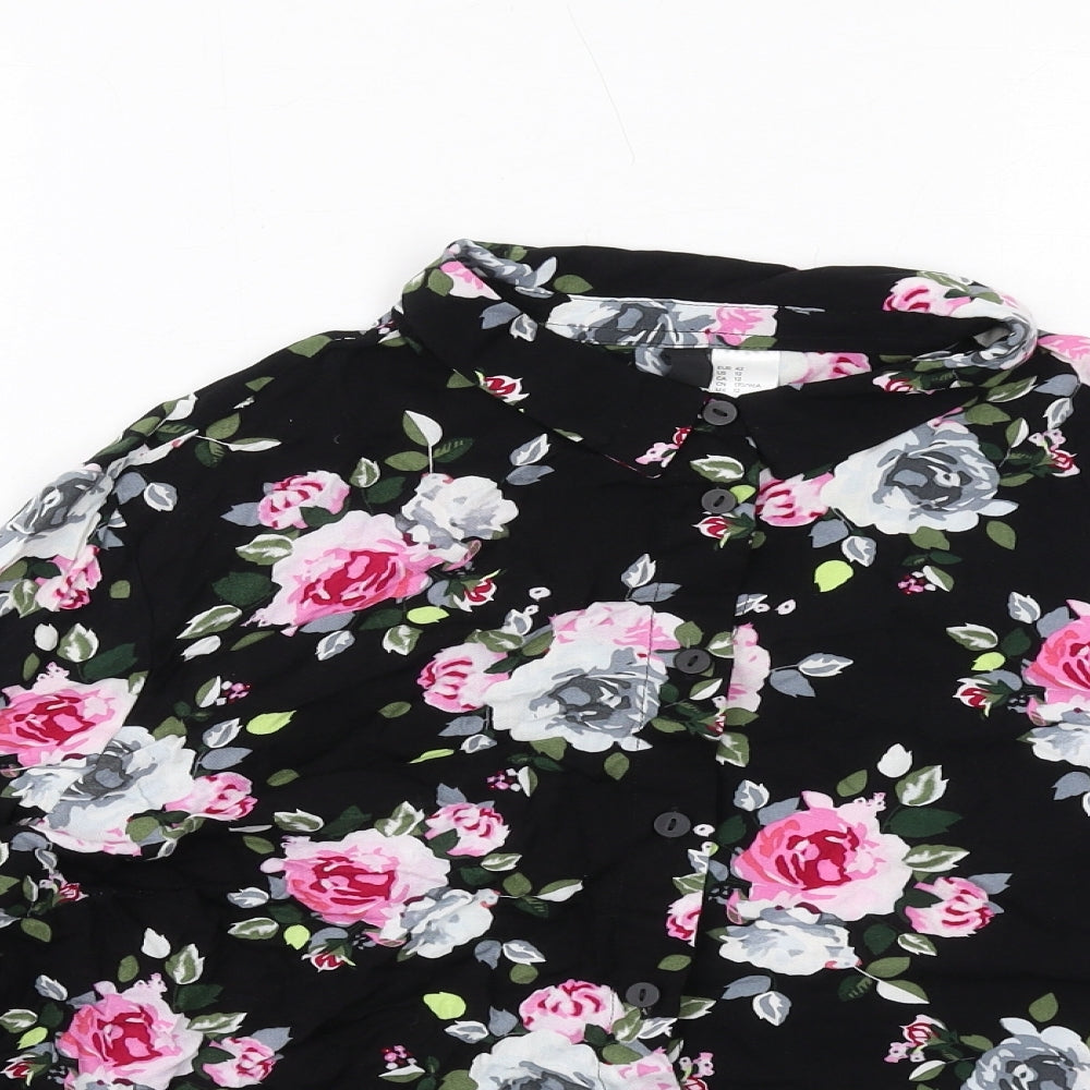 H&M Womens Black Floral Viscose Basic Button-Up Size 16 Collared