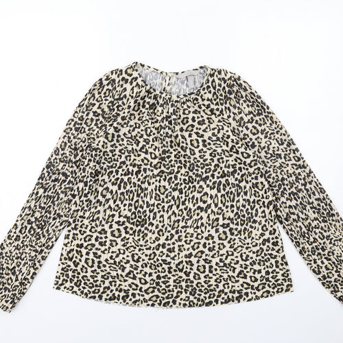 H&M Womens Beige Animal Print Polyester Basic Blouse Size XS Round Neck - Leopard Print