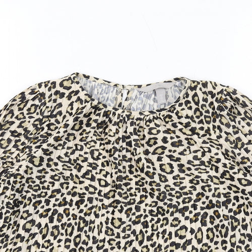 H&M Womens Beige Animal Print Polyester Basic Blouse Size XS Round Neck - Leopard Print