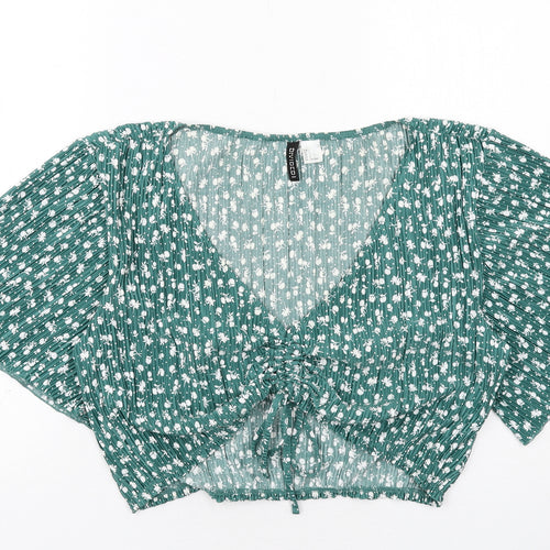 H&M Womens Green Geometric Polyester Cropped Blouse Size L V-Neck