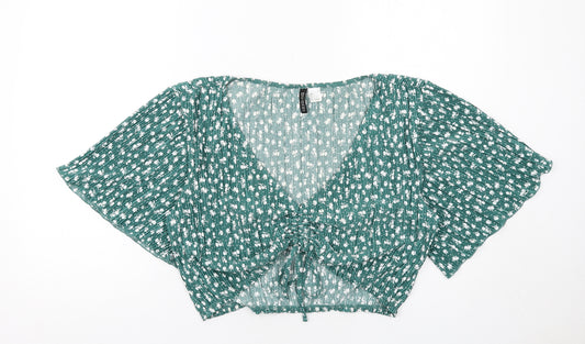 H&M Womens Green Geometric Polyester Cropped Blouse Size L V-Neck