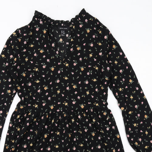 New Look Womens Black Floral Polyester A-Line Size 10 V-Neck Pullover