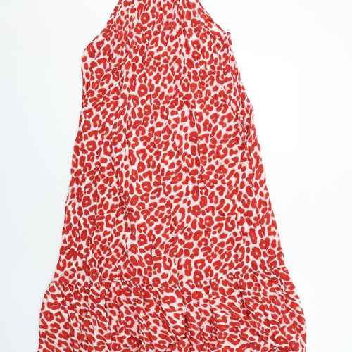 NEXT Womens Red Animal Print Viscose Trapeze & Swing Size 14 Round Neck Button - Leopard Pattern