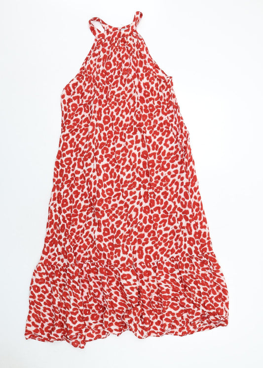 NEXT Womens Red Animal Print Viscose Trapeze & Swing Size 14 Round Neck Button - Leopard Pattern
