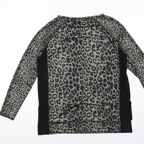 Zara Womens Black Animal Print Polyester Basic Blouse Size L Round Neck - Leopard Print