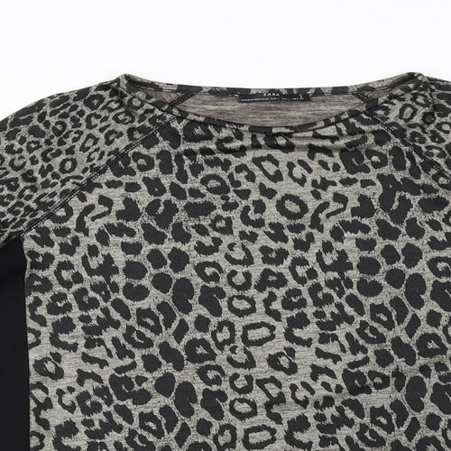 Zara Womens Black Animal Print Polyester Basic Blouse Size L Round Neck - Leopard Print