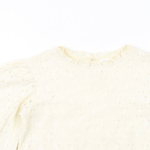 Zara Girls Ivory Cotton Basic Blouse Size 11-12 Years Round Neck Button - Broderie Anglaise