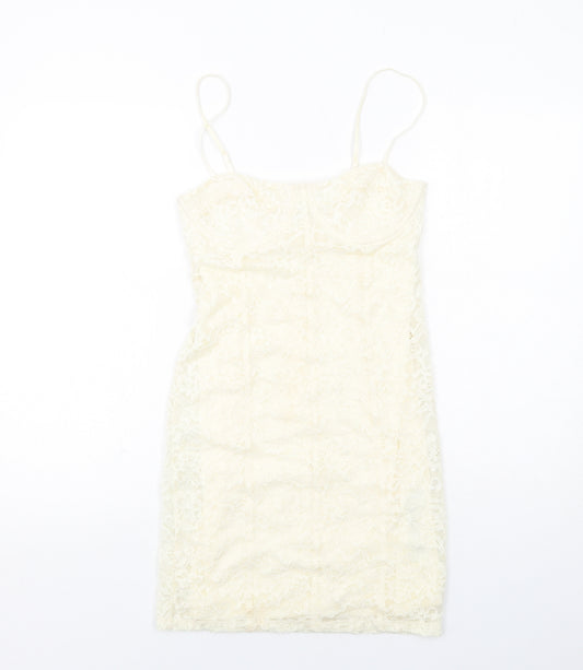 Zara Womens Ivory Geometric Polyester Slip Dress Size M Round Neck Pullover