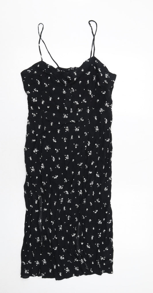 Topshop Womens Black Floral Polyester Slip Dress Size 10 Round Neck Zip