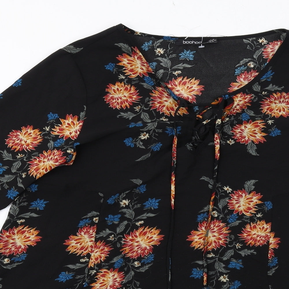 Boohoo Womens Black Floral Polyester Kaftan Size 12 V-Neck Pullover