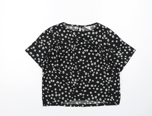 Zara Girls Black Geometric Polyester Basic T-Shirt Size 13-14 Years Round Neck Button - Daisy Print