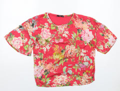 Mango Womens Red Floral Polyester Basic Blouse Size XS Round Neck