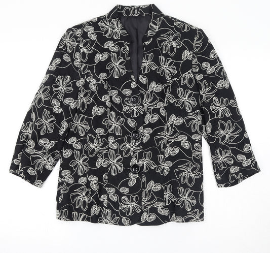 EWM Womens Black Floral Jacket Blazer Size 10 Button