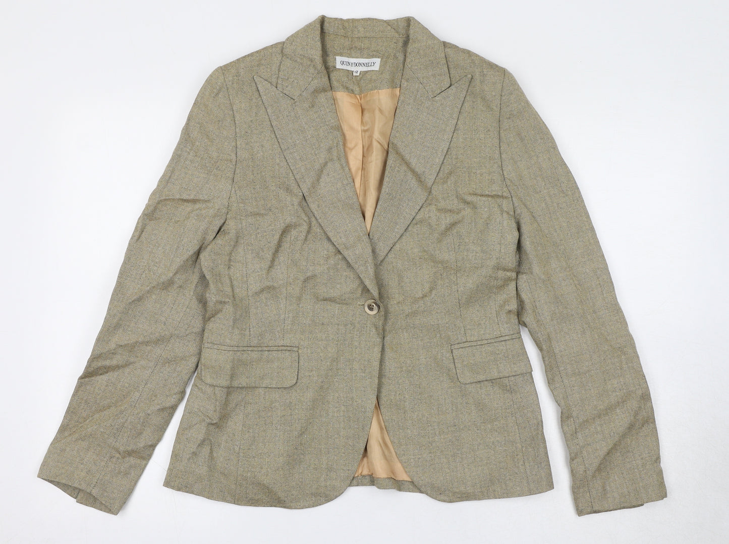 Quin And Donnelly Womens Beige Geometric Jacket Blazer Size 12 Button