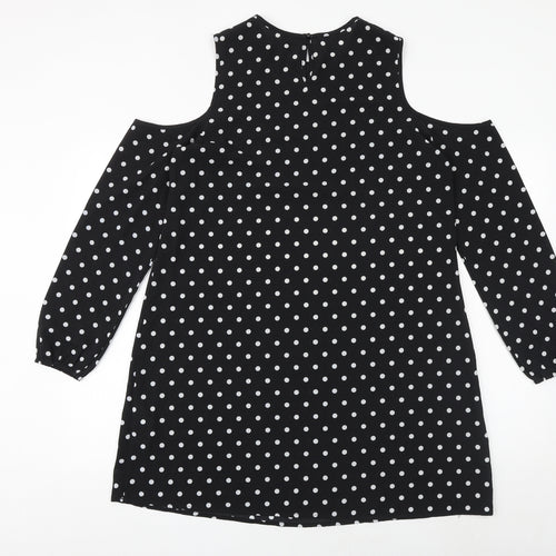 New Look Womens Black Polka Dot Polyester A-Line Size 12 Round Neck Button - Cold Shoulder