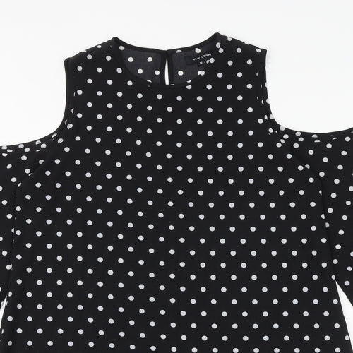 New Look Womens Black Polka Dot Polyester A-Line Size 12 Round Neck Button - Cold Shoulder