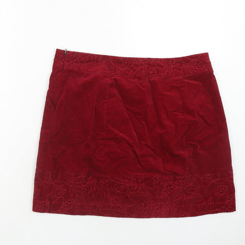 White Stuff Womens Red Geometric Cotton A-Line Skirt Size 12 Zip - Leaf Pattern