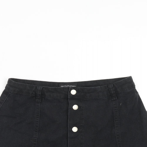 PRETTYLITTLETHING Womens Black Cotton A-Line Skirt Size 12 Button