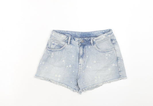Marks and Spencer Girls Blue Geometric Cotton Boyfriend Shorts Size 12-13 Years Regular Zip - Daisy Print