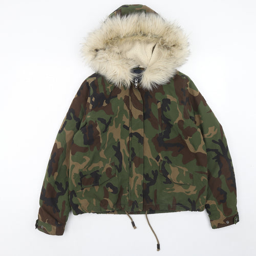 Only Womens Green Camouflage Parka Coat Size L Zip - Fur Trim