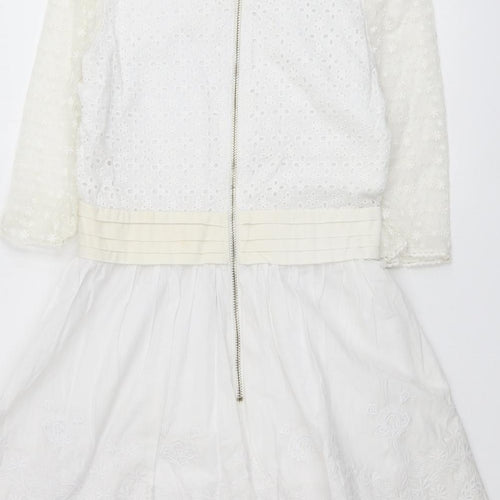 Yumi Womens White Geometric Cotton Fit & Flare Size 12 Round Neck Zip
