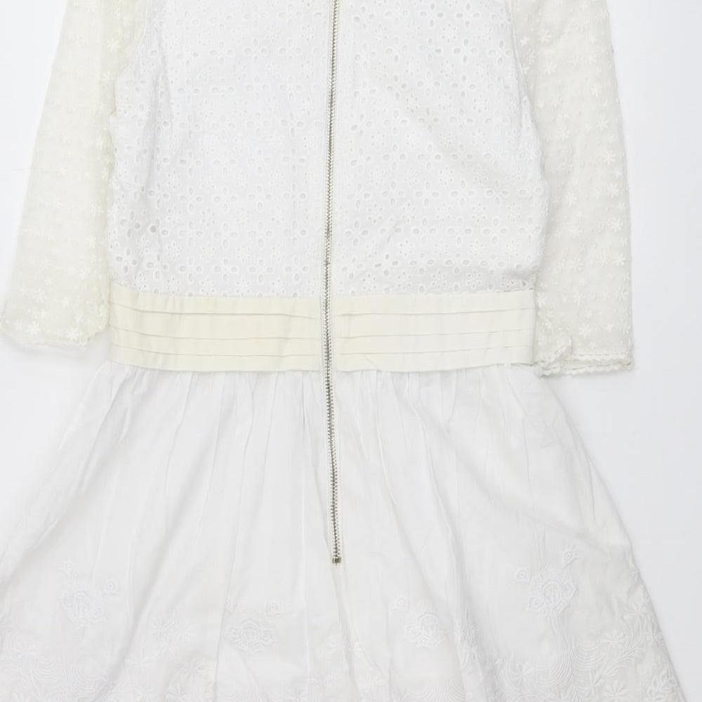 Yumi Womens White Geometric Cotton Fit & Flare Size 12 Round Neck Zip