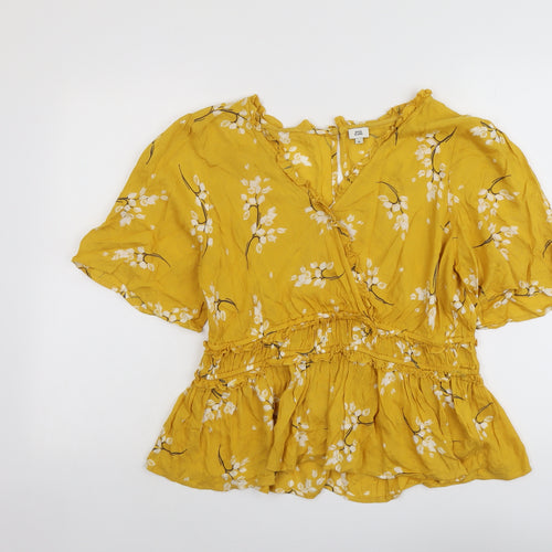 River Island Womens Yellow Floral Viscose Basic Blouse Size 16 V-Neck
