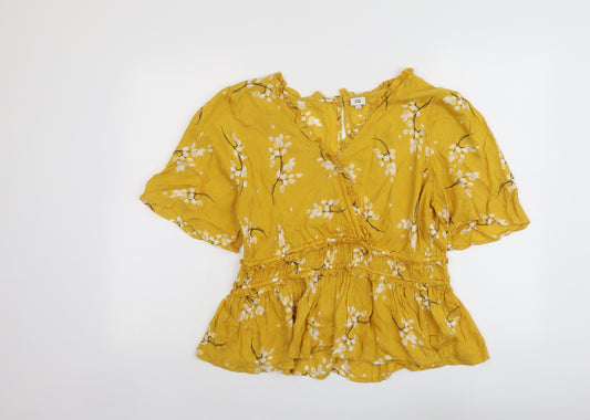 River Island Womens Yellow Floral Viscose Basic Blouse Size 16 V-Neck