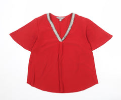 Dorothy Perkins Womens Red Polyester Basic Blouse Size 8 V-Neck