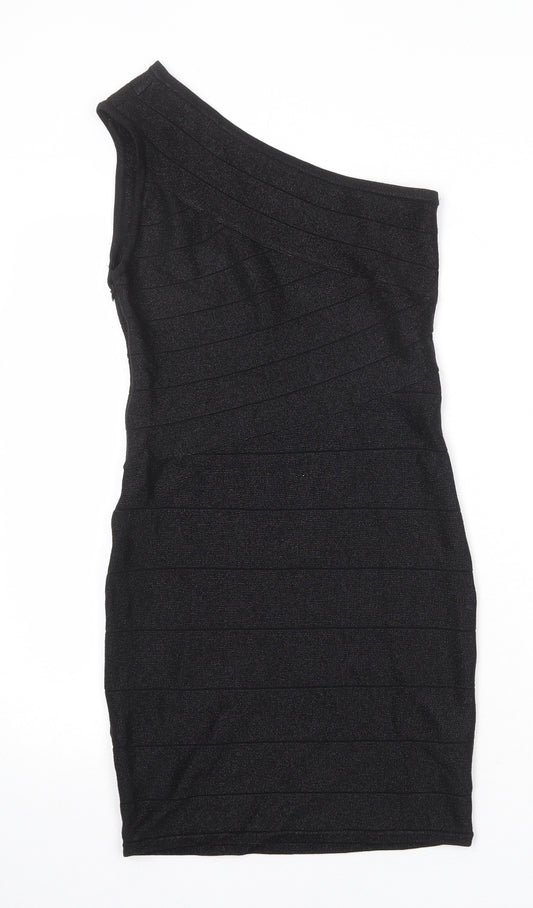 WOW Couture Womens Black Viscose A-Line Size L One Shoulder Zip