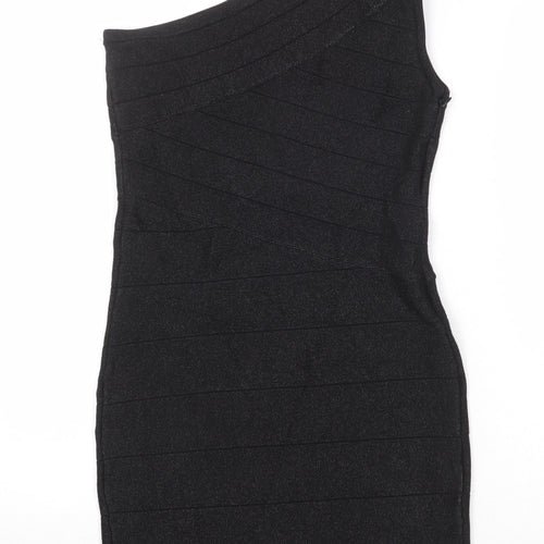 WOW Couture Womens Black Viscose A-Line Size L One Shoulder Zip