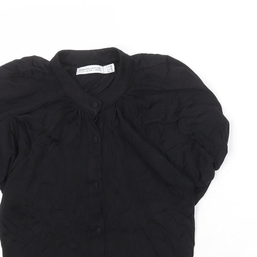 Zara Womens Black Polyester Basic Button-Up Size M Round Neck