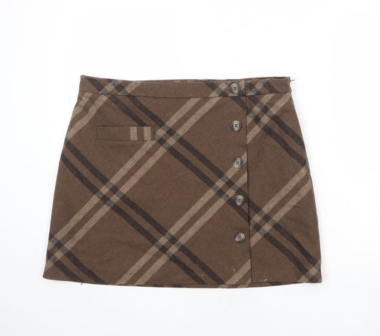 NEXT Womens Brown Plaid Wool A-Line Skirt Size 16 Zip