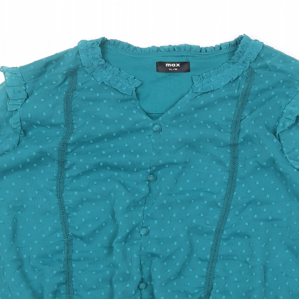 Max Womens Blue Geometric Polyester Basic Blouse Size 16 V-Neck