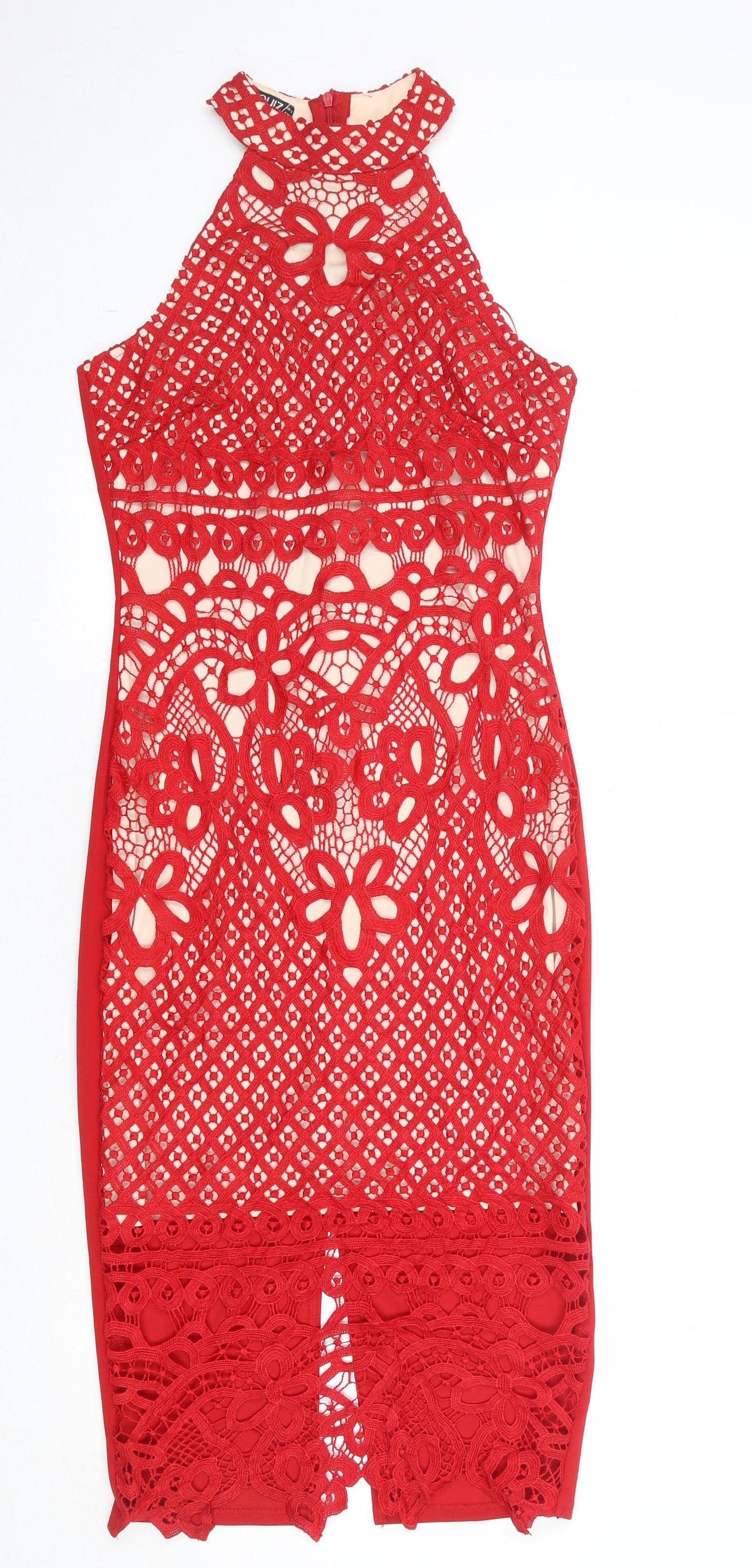 Quiz Womens Red Geometric Polyester Bodycon Size 8 Round Neck Zip