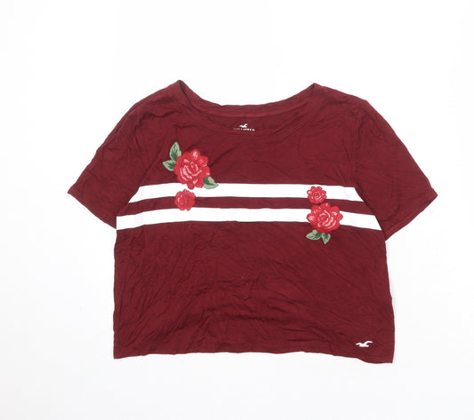 Hollister Womens Red Viscose Basic T-Shirt Size S Round Neck - Flower Detail