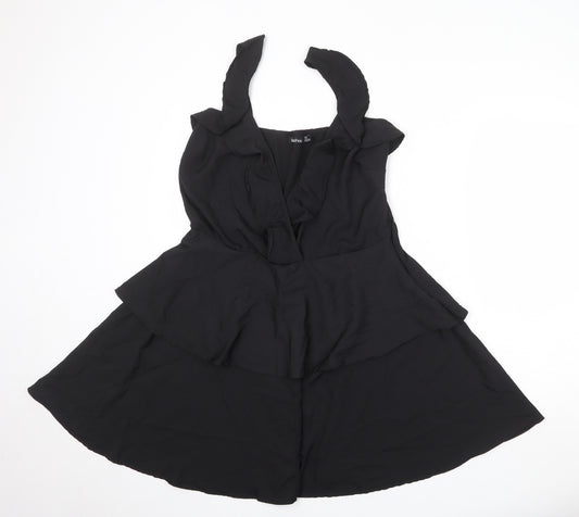 Boohoo Womens Black Polyester Skater Dress Size 16 V-Neck Zip