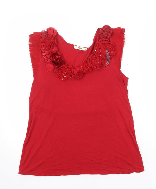 Oasis Womens Red Viscose Basic Tank Size M Round Neck - Flower Detail